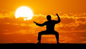 Silhouette,Warrior,Motorcycle.,Element,Of,Martial,Art,Design.